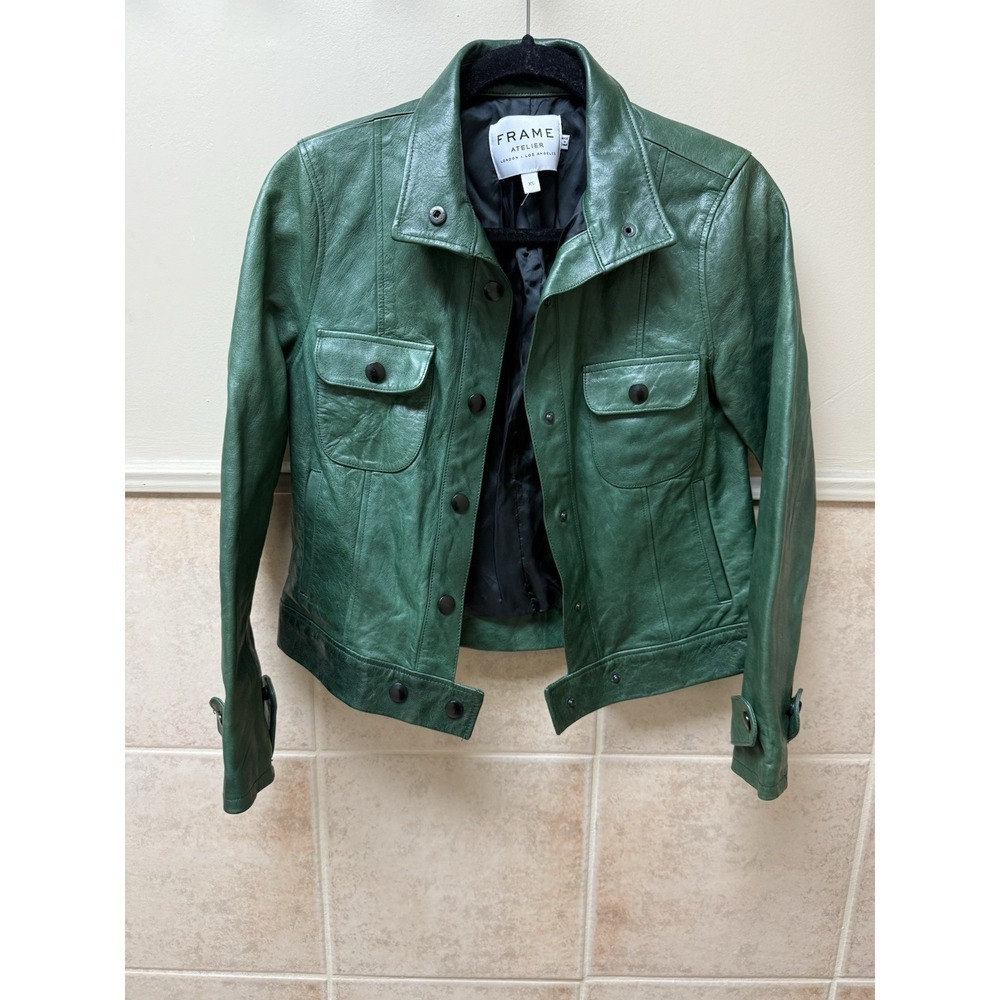 FRAME Atelier Green 100% Lamb Leather Trucker Jacket Snap Front Utility XS - Picture 3 of 12